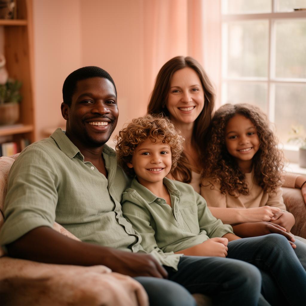 A mixed-race family of four sharing a peaceful moment at home